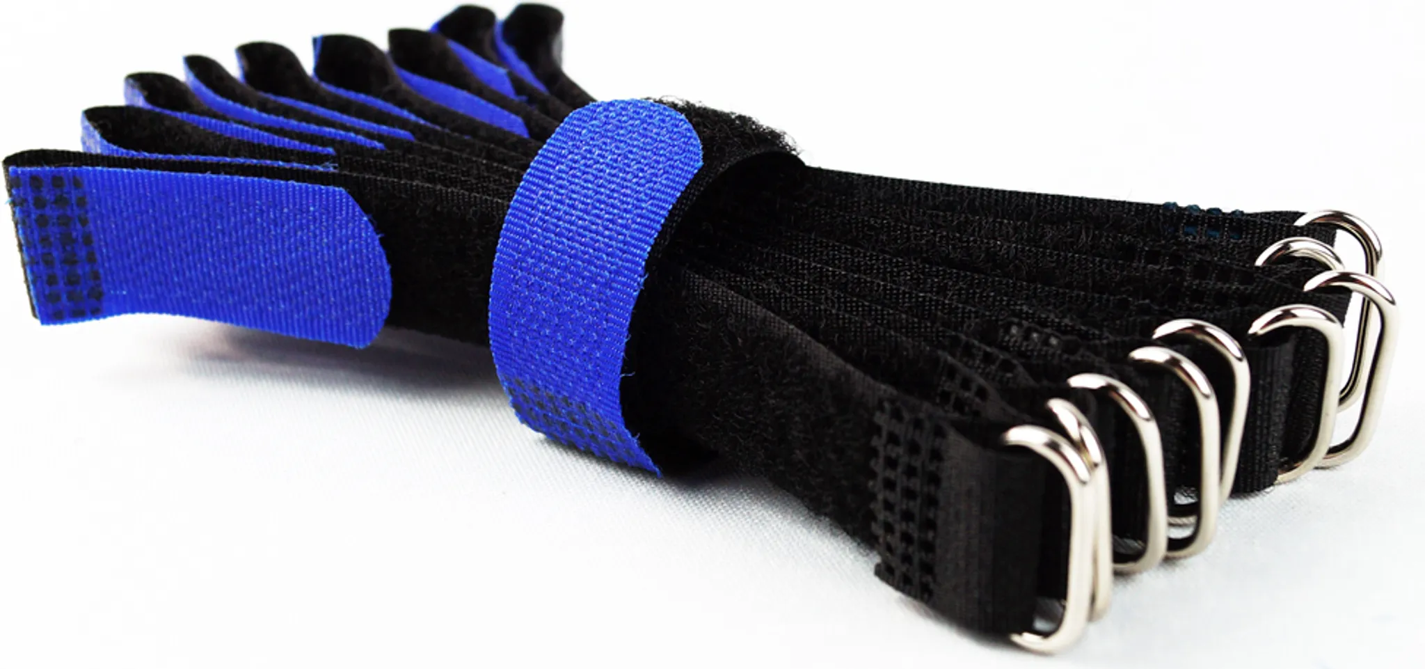 10 × Klettkabelbinder 15 cm – Metallöse, blaue Lasche