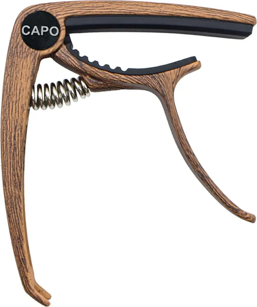 INF Kapodaster Zinklegierung für Akustikgitarren, Holzoptik dunkel