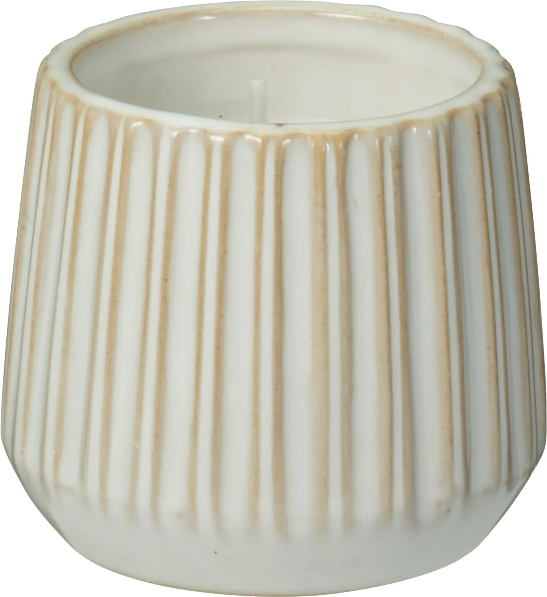 Duftkerze im Porzellanbecher – Weiß mit Streifen, reaktive Glasur
